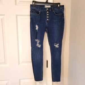 Free People Distressed Denim Blue Skinny Jeans 5 Button Fly Size 29 Waist
